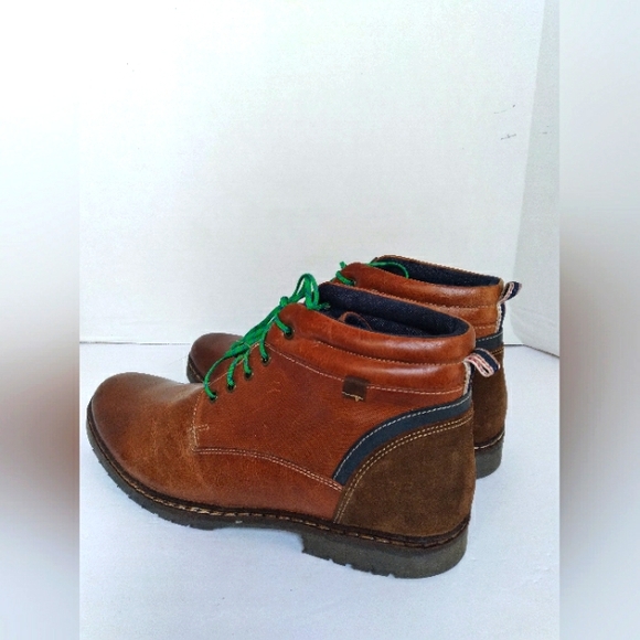 Mens Brown Leather Lace Up Ankle Boots with Green‎ Laces and Suede Heel Trim